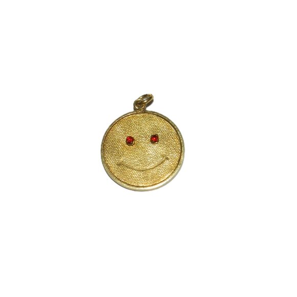 Happy Smiley Face Emoji Pendant in 14k Yellow Gold 2 Sided w Ruby - Picture 1 of 14